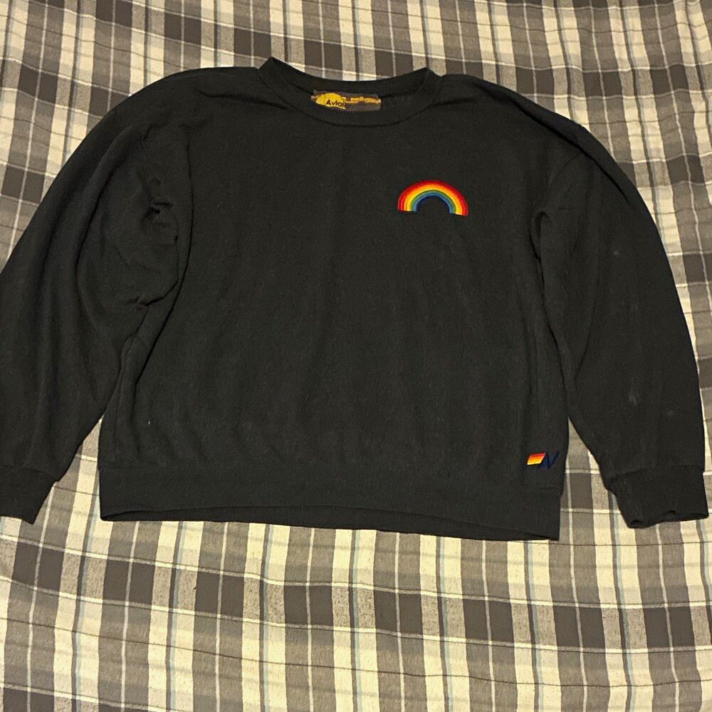 Aviator Nation Men's Black Crew Neck Fleece Pullover Embroidered Rainbow Logo M
